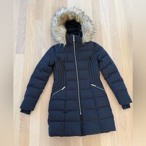 Ivanka Trump Black Puffer Coat With Faux Fur Trim Hood Down/Feather Fill Size XS